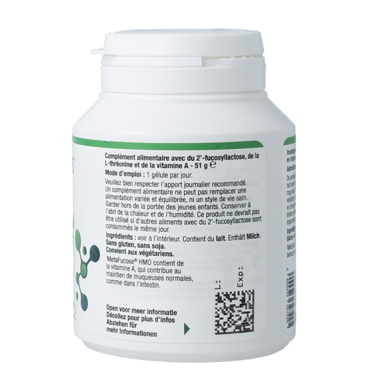 Metagenics MetaFucose HMO NFD mineral multivitamin capsules, dietary supplement bottle with 90 capsules.