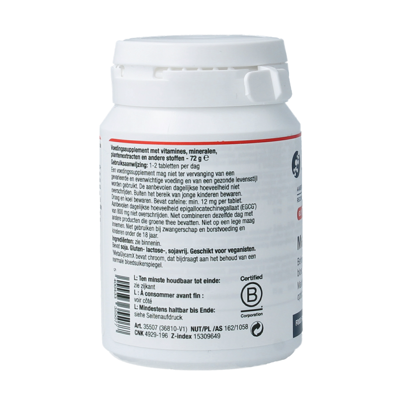 Bottle of Metagenics Metaglycemx multivitamin tablets with 60 tablets in a clear container, label showing product details.