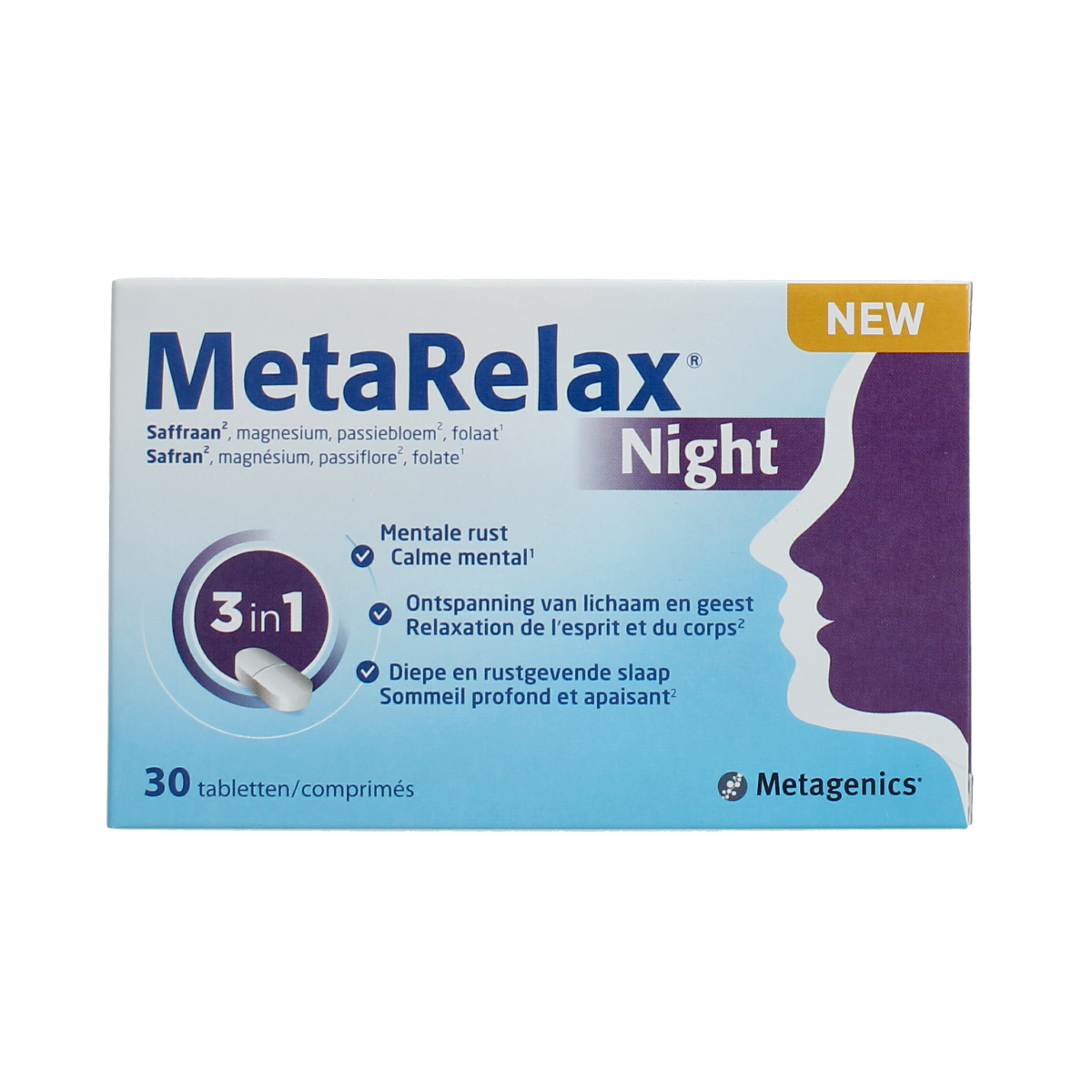 Box of Metagenics Metarelax Night herbal supplement tablets with 30 count, featuring natural herbal ingredients.