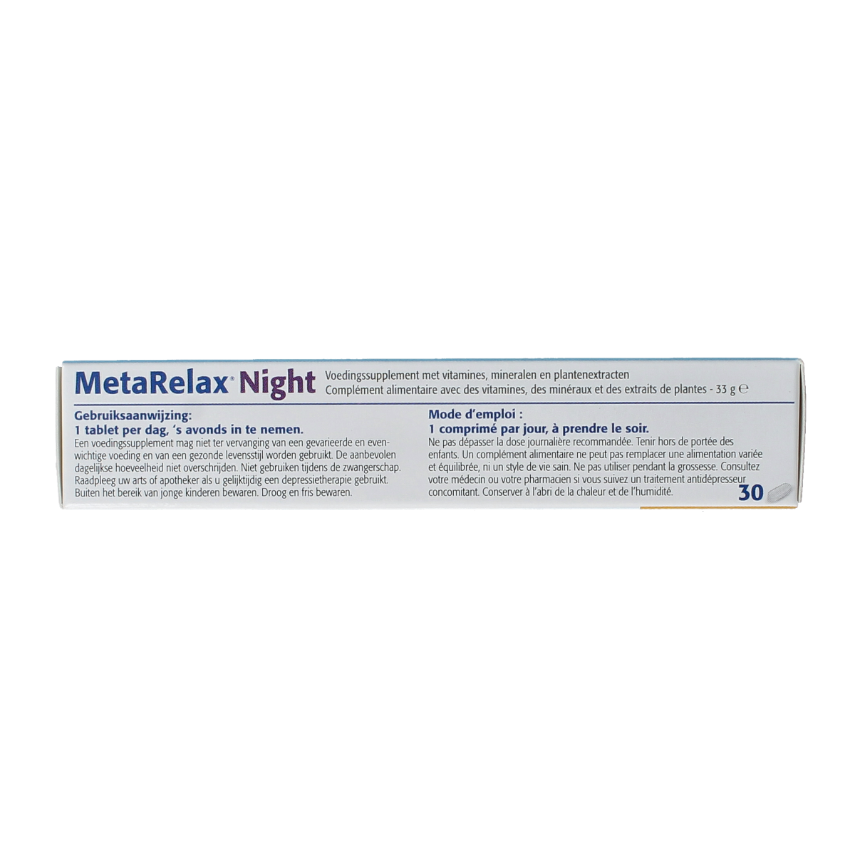 Metagenics Metarelax Night herbal supplement in a bottle of 30 tablets, natural herbal remedy for relaxation and sleep support.