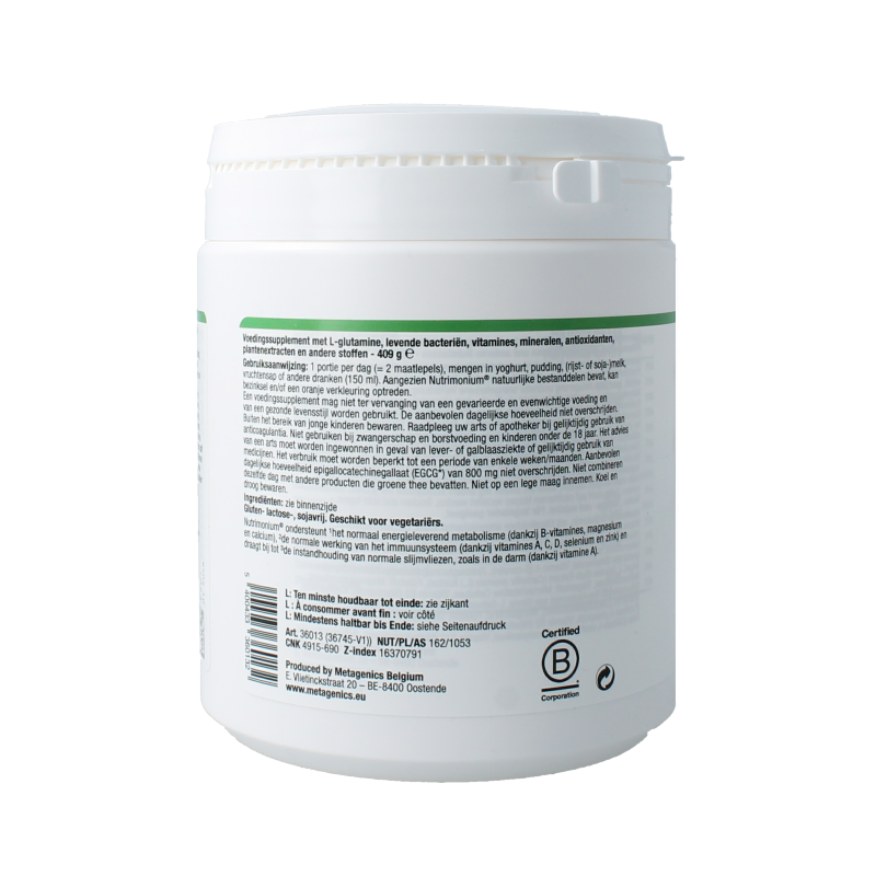 Metagenics Nutrimonium original multi-vitamin supplement bottle with 409g label and health product packaging