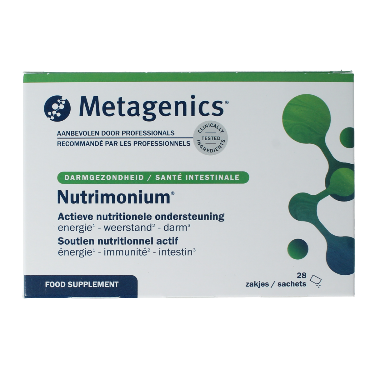 Metagenics Nutrimonium original multi-vitamin supplement sachets, 28 count, in blister pack with colorful packaging.