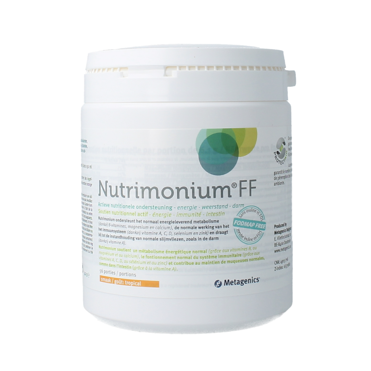 Metagenics Nutrimonium FODMAP-Free Tropical multivitamin supplement in 342g container, featuring colorful tropical fruit flavor.