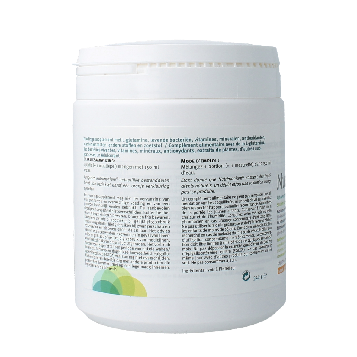 Metagenics Nutrimonium FODMAP-Free Tropical multivitamin bottle, 342g, featuring colorful tropical fruit flavor on label
