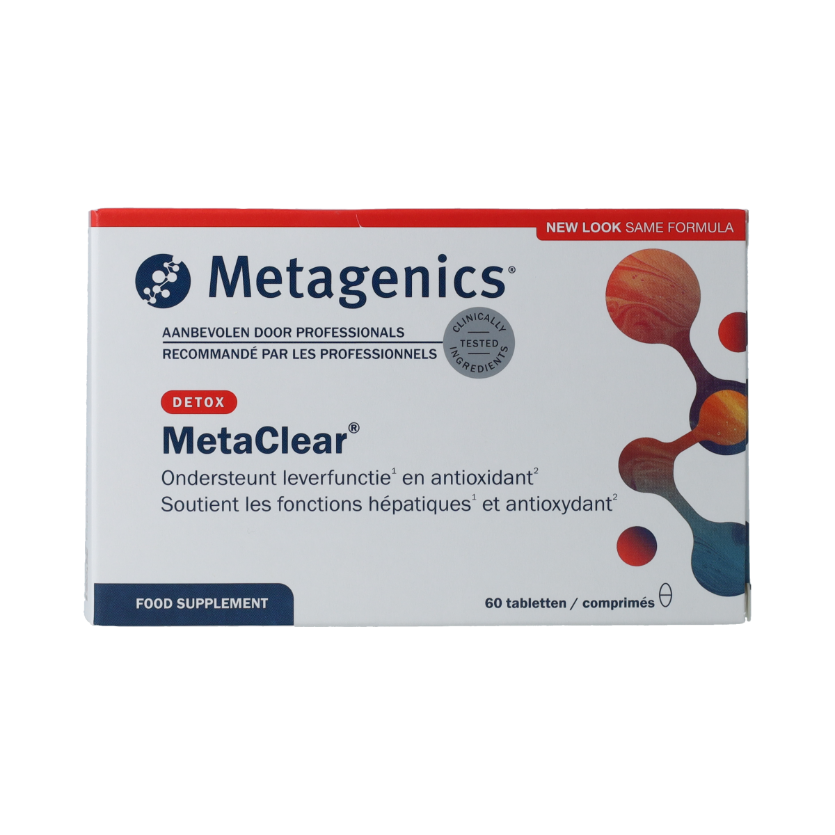 Metagenics Metaclear NOA herbal supplement tablets in a blister pack, natural herbal product for wellness.