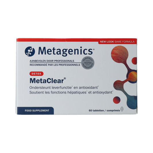 Metagenics Metaclear NOA herbal supplement tablets in a blister pack, natural herbal product for wellness.