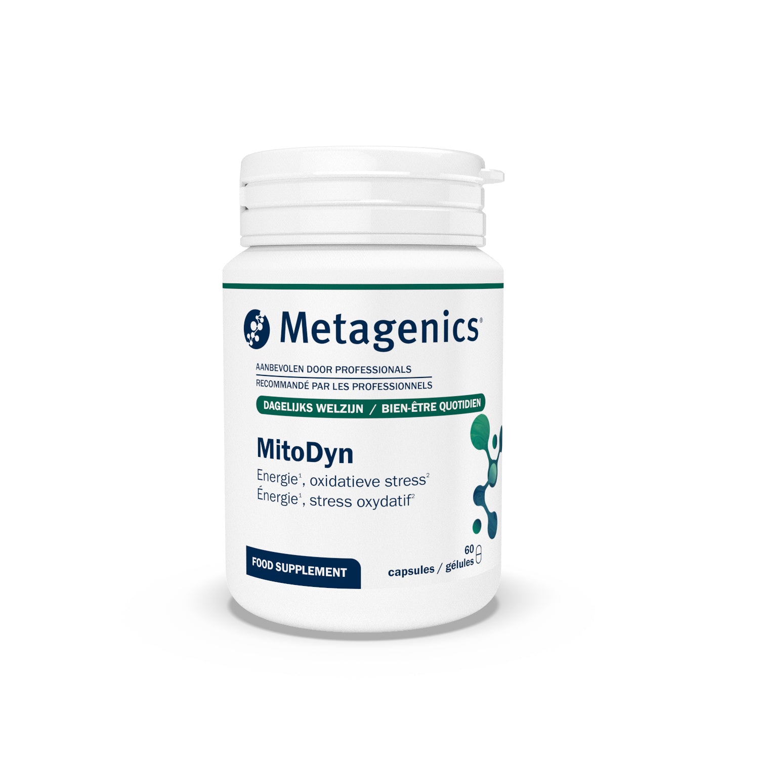 Metagenics Mitodyn NFD multivitamin capsules, 60 count, showing the supplement bottle with label and capsules inside.