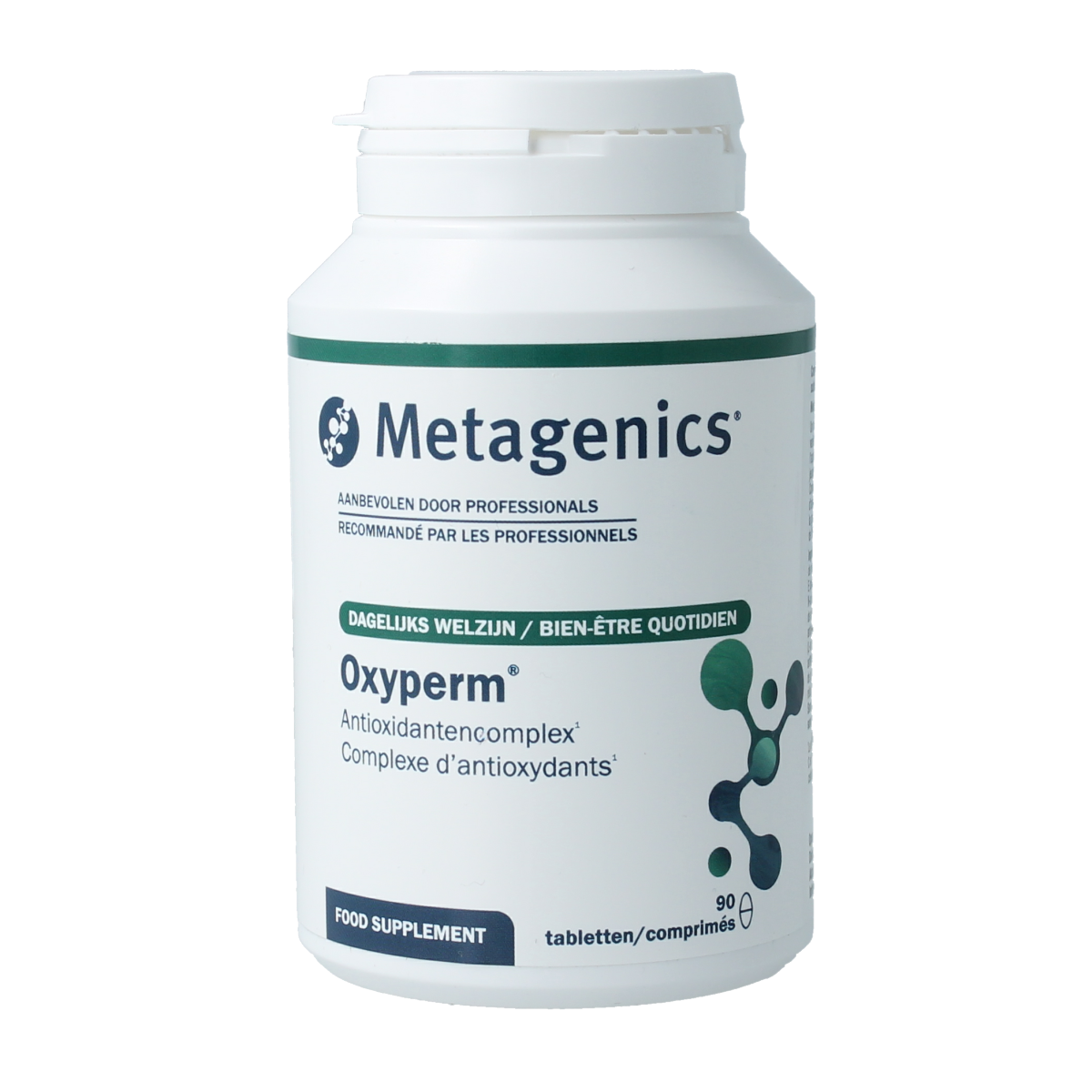 Metagenics Oxyperm NFD multivitamin tablets, dietary supplement with diverse vitamins and nutrients, arranged in bottles.