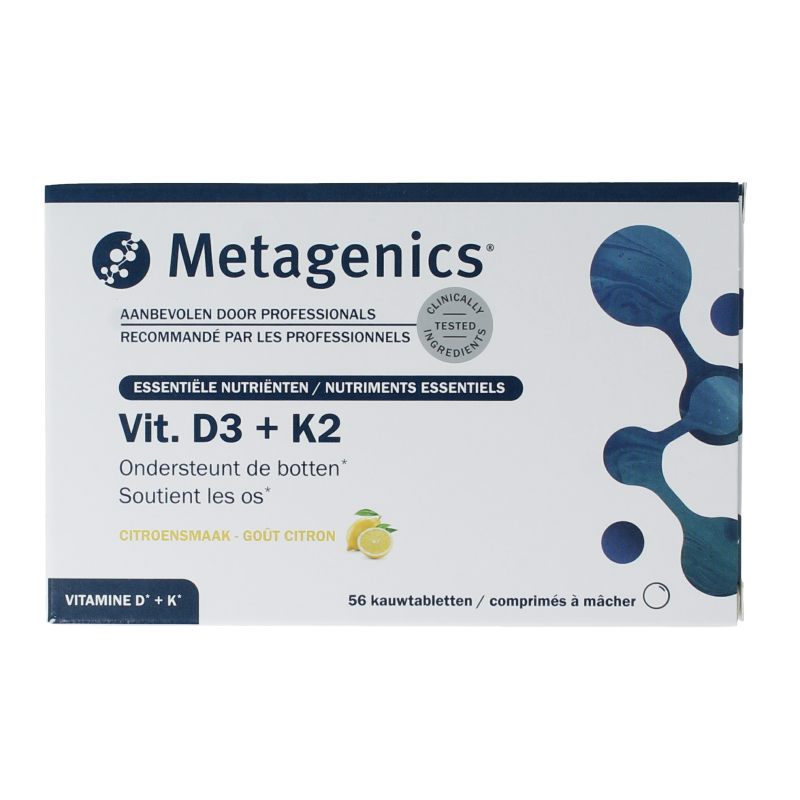 Metagenics Vitamin D3 + K2 chewable tablets, dietary supplement, round tablets with colorful coating.