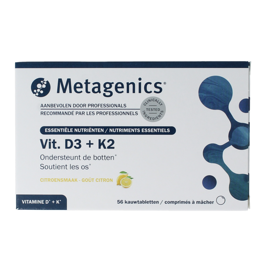 Metagenics Vitamin D3 + K2 chewable tablets, dietary supplement, round tablets with colorful coating.