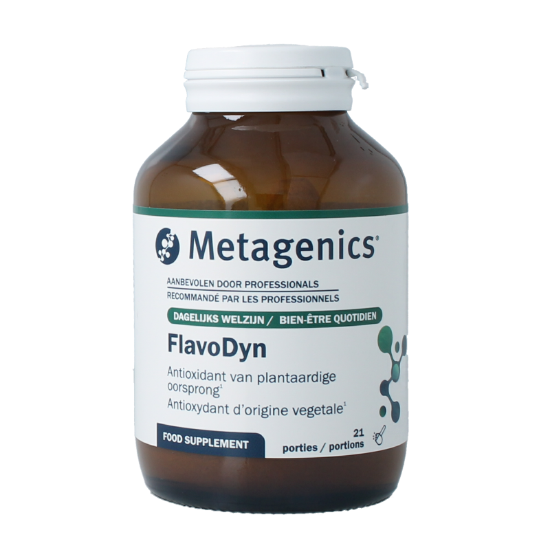 Metagenics Flavodyn NDF multivitamin container with 21 servings, 104 grams, showing the supplement packaging.