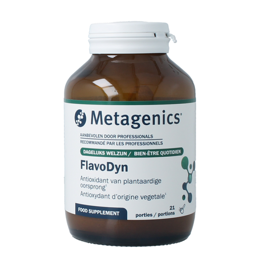 Metagenics Flavodyn NDF multivitamin container with 21 servings, 104 grams, showing the supplement packaging.
