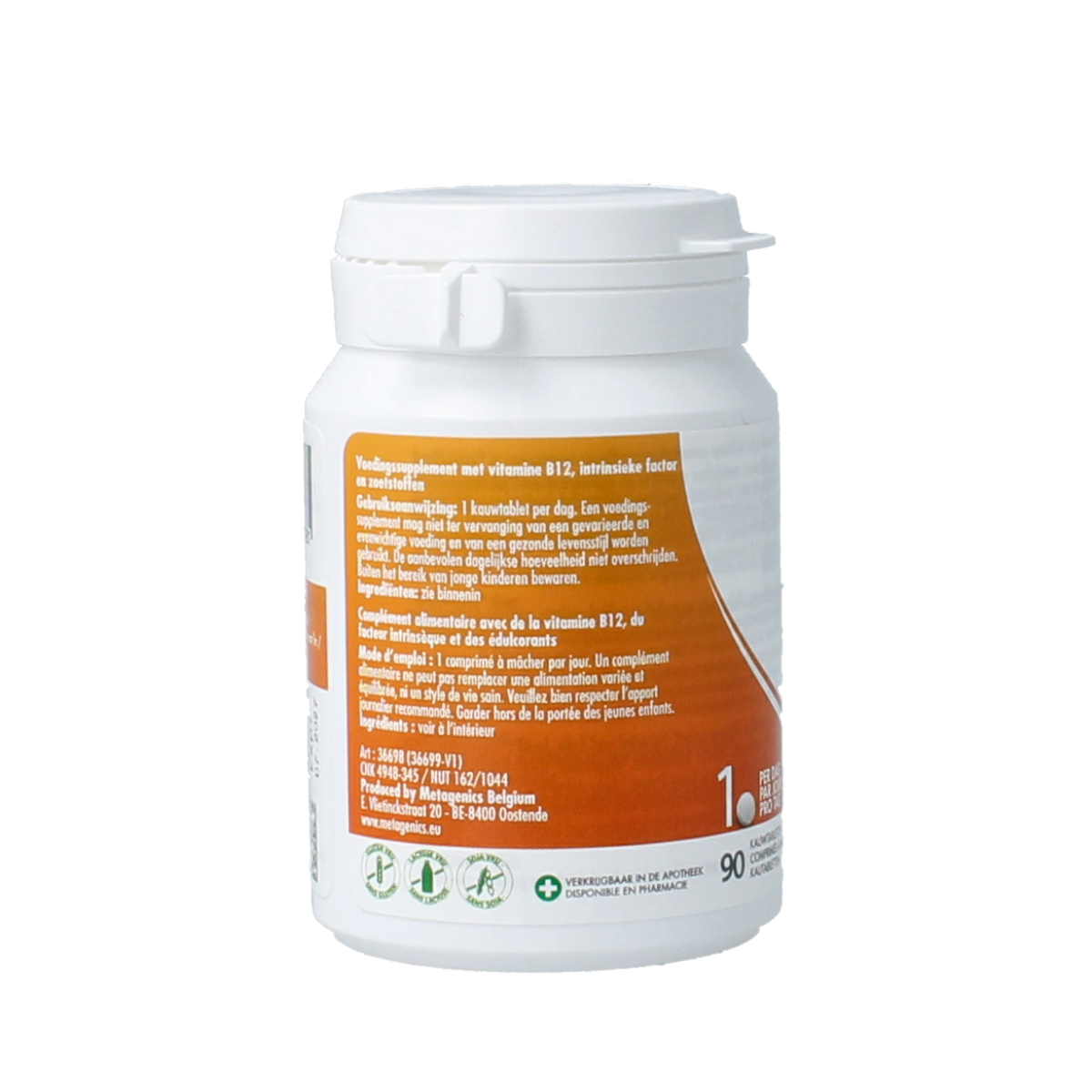 Barinutrics Vitamin B12 I.F. raspberry chewable tablets, natural supplement in a bottle, 90 count.