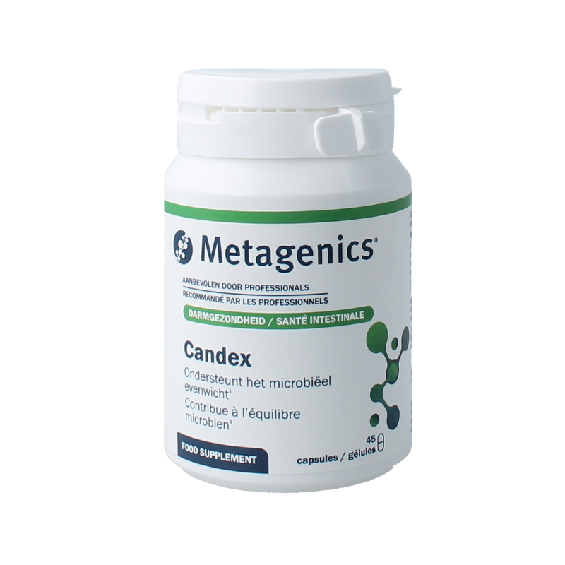 Metagenics Candex herbal supplement capsules in a bottle, used for supporting natural immune health and digestive balance.