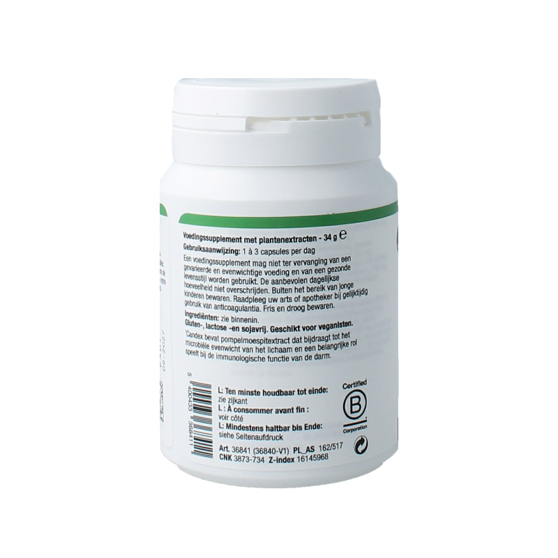 Metagenics Candex 45 capsules bottle, herbal supplement from Kruidenpreparaten line, with label details visible.