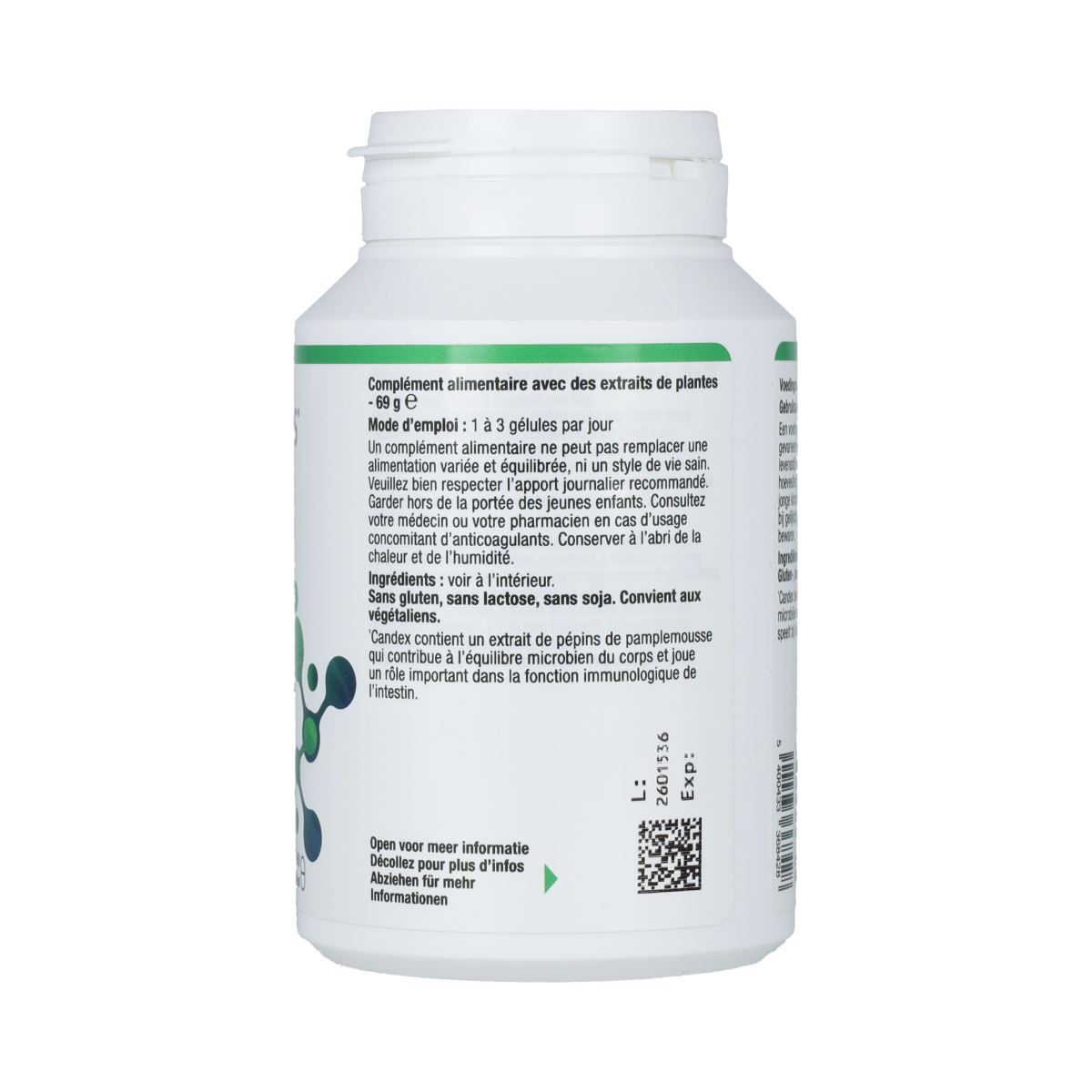 Metagenics Candex NFD probiotic capsules, dietary supplement for digestive health, arranged in a clear bottle with label visible.