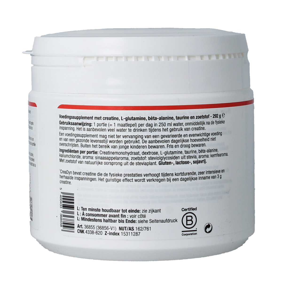 Metagenics Creadyn dietary supplement container with 292g label, featuring nutritional information and product branding.