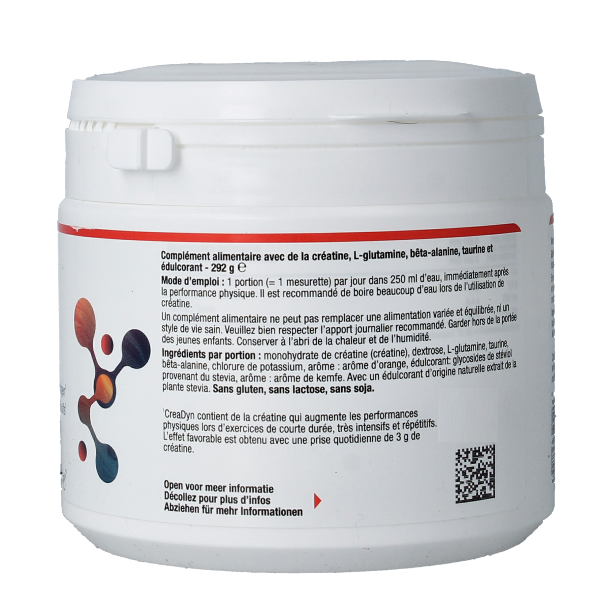 Metagenics Creadyn dietary supplement container with 292g, featuring label with product details and branding on the front.