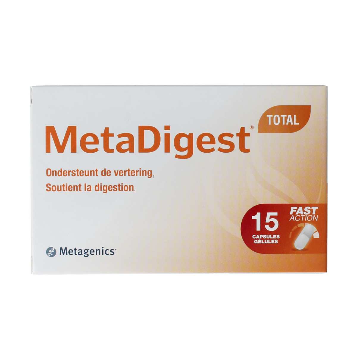 Metagenics Metadigest total NFD capsules with fiber and enzymes, showing the supplement bottle and capsules inside.