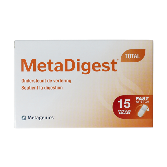 Metagenics Metadigest total NFD capsules with fiber and enzymes, showing the supplement bottle and capsules inside.