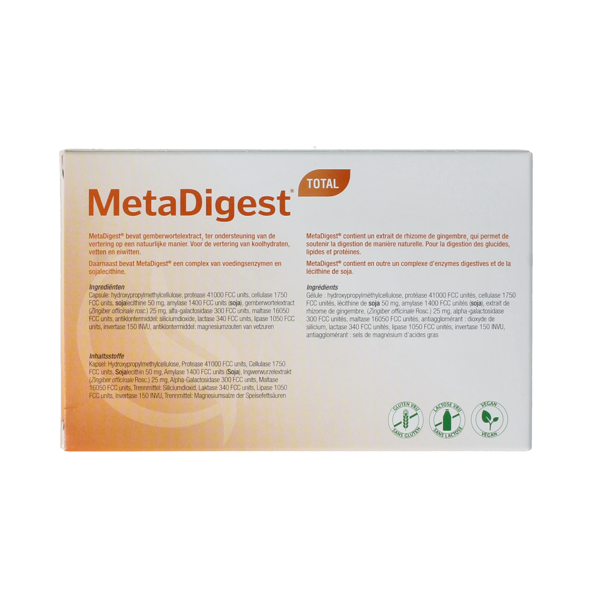 Bottle of Metagenics Metadigest Total NFD capsules containing digestive enzymes and fibers, designed to support gut health.