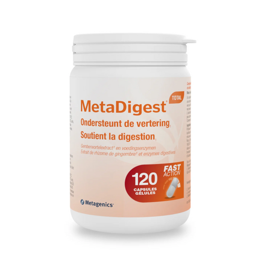 Metagenics Metadigest Total NFD capsules with fiber and enzymes, showing a close-up of the supplement bottle and capsules.
