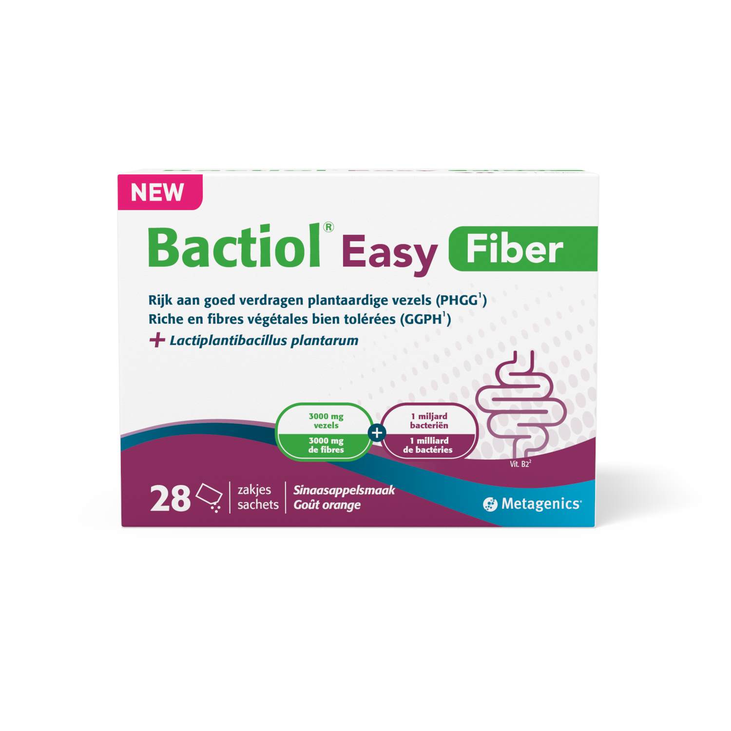 Metagenics Bactiol easy fiber sachets with micro-organisms, 28-count, dietary supplement for digestive health.