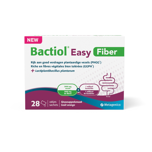 Metagenics Bactiol easy fiber sachets with micro-organisms, 28-count, dietary supplement for digestive health.
