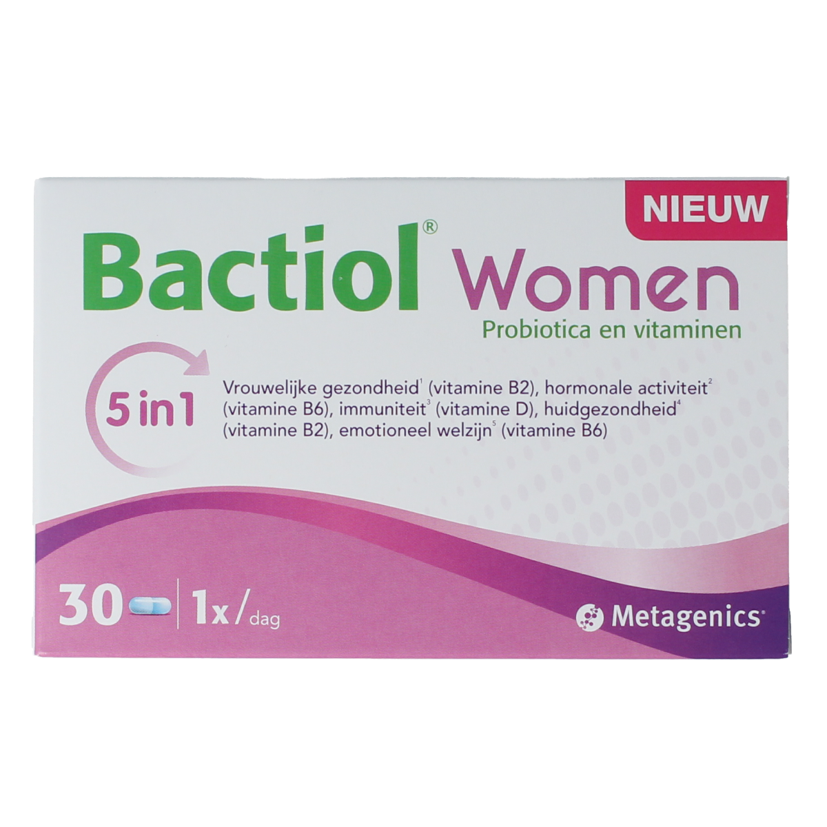 Metagenics Bactiol women probiotic capsules, dietary supplement for digestive health, 30 capsules in bottle.