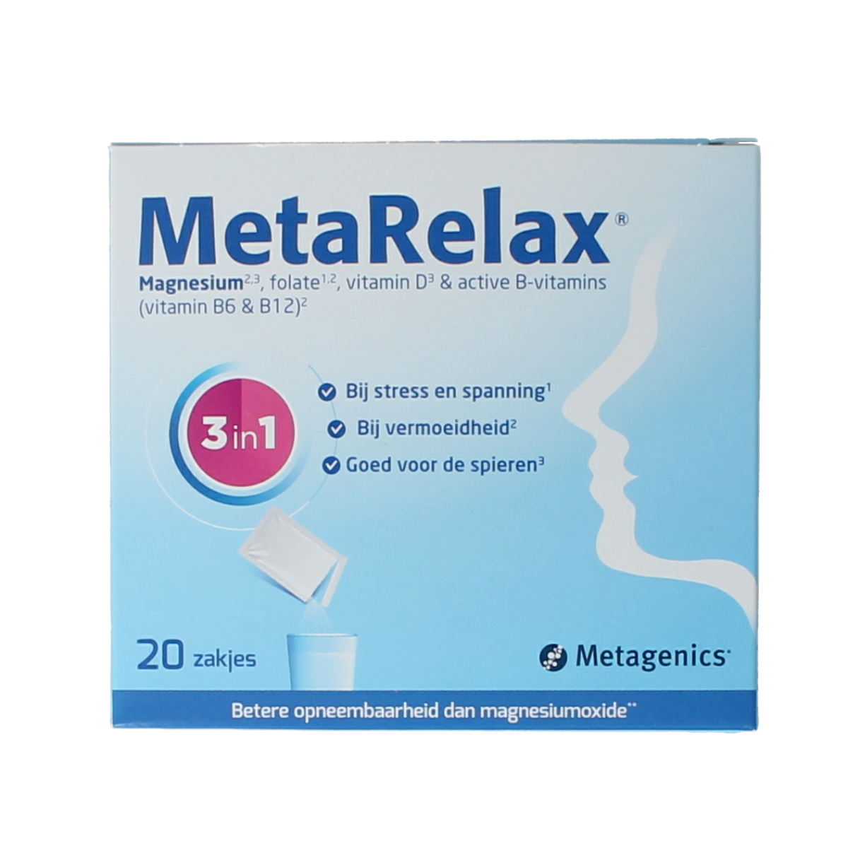 Metagenics Metarelax mineral supplement sachet, multi-mineral blend in a single-serving packet for relaxation support.