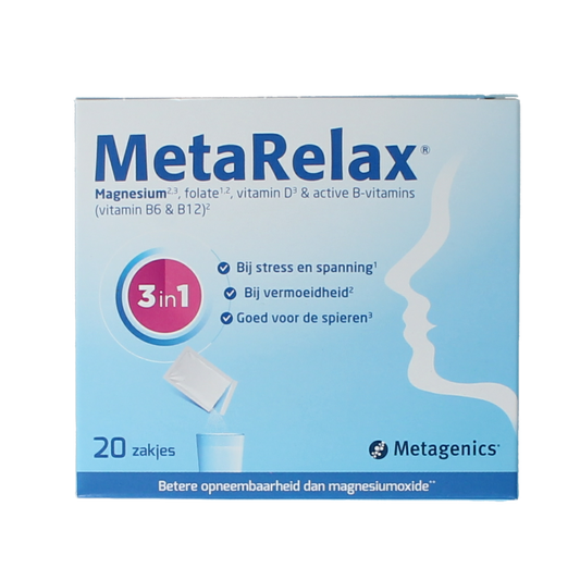 Metagenics Metarelax mineral supplement sachet, multi-mineral blend in a single-serving packet for relaxation support.