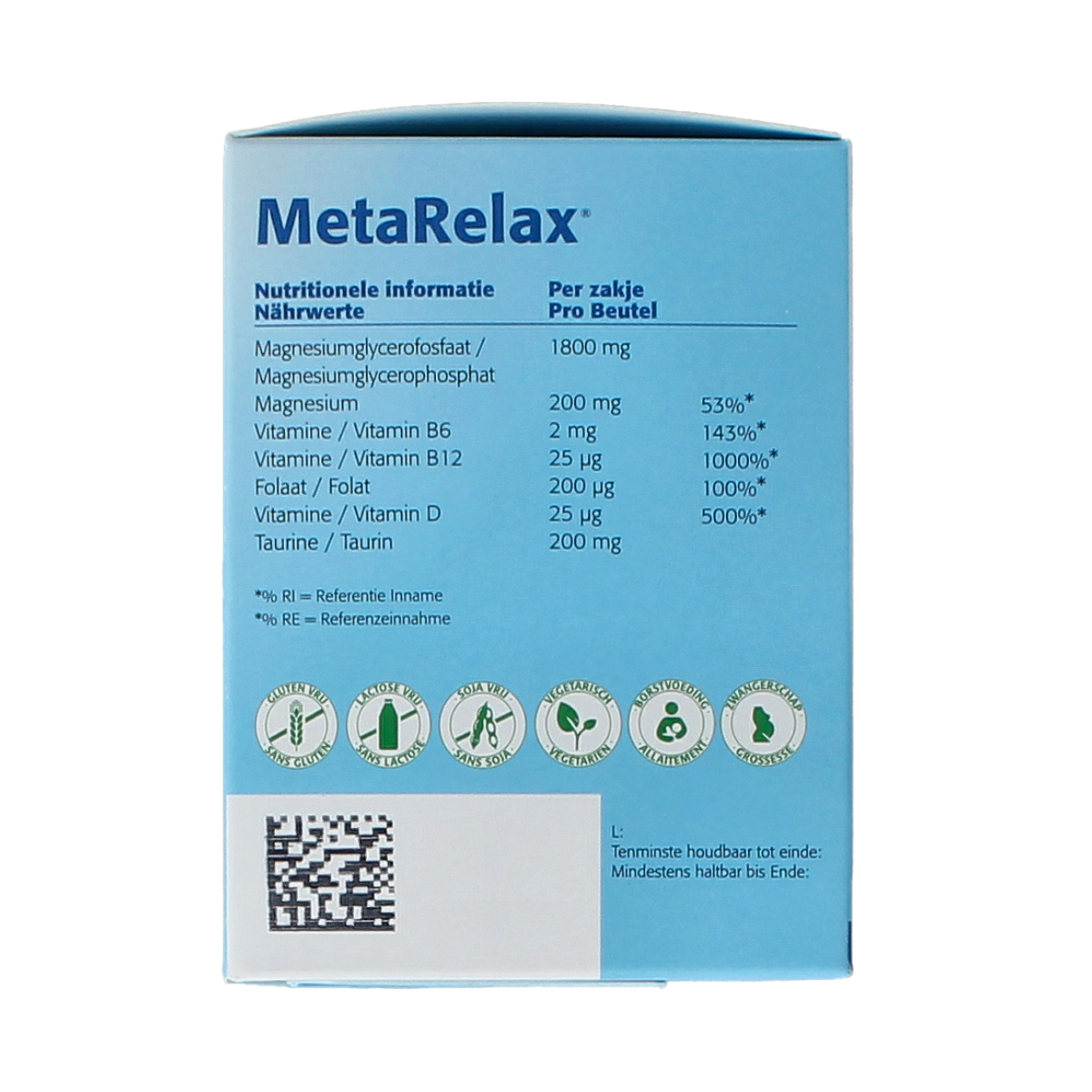 Box of Metagenics Metarelax mineral multivitamin sachets with 20 individual packets, featuring colorful packaging and branding.