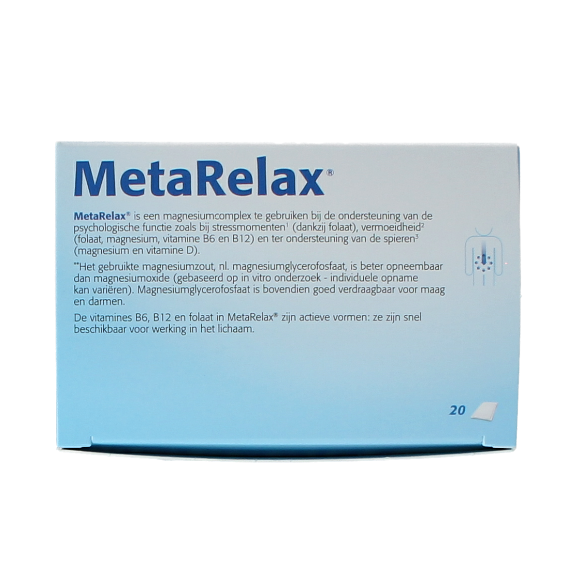 Metagenics Metarelax mineral multivitamin sachets in a box, showing colorful sachets for relaxation and daily mineral support