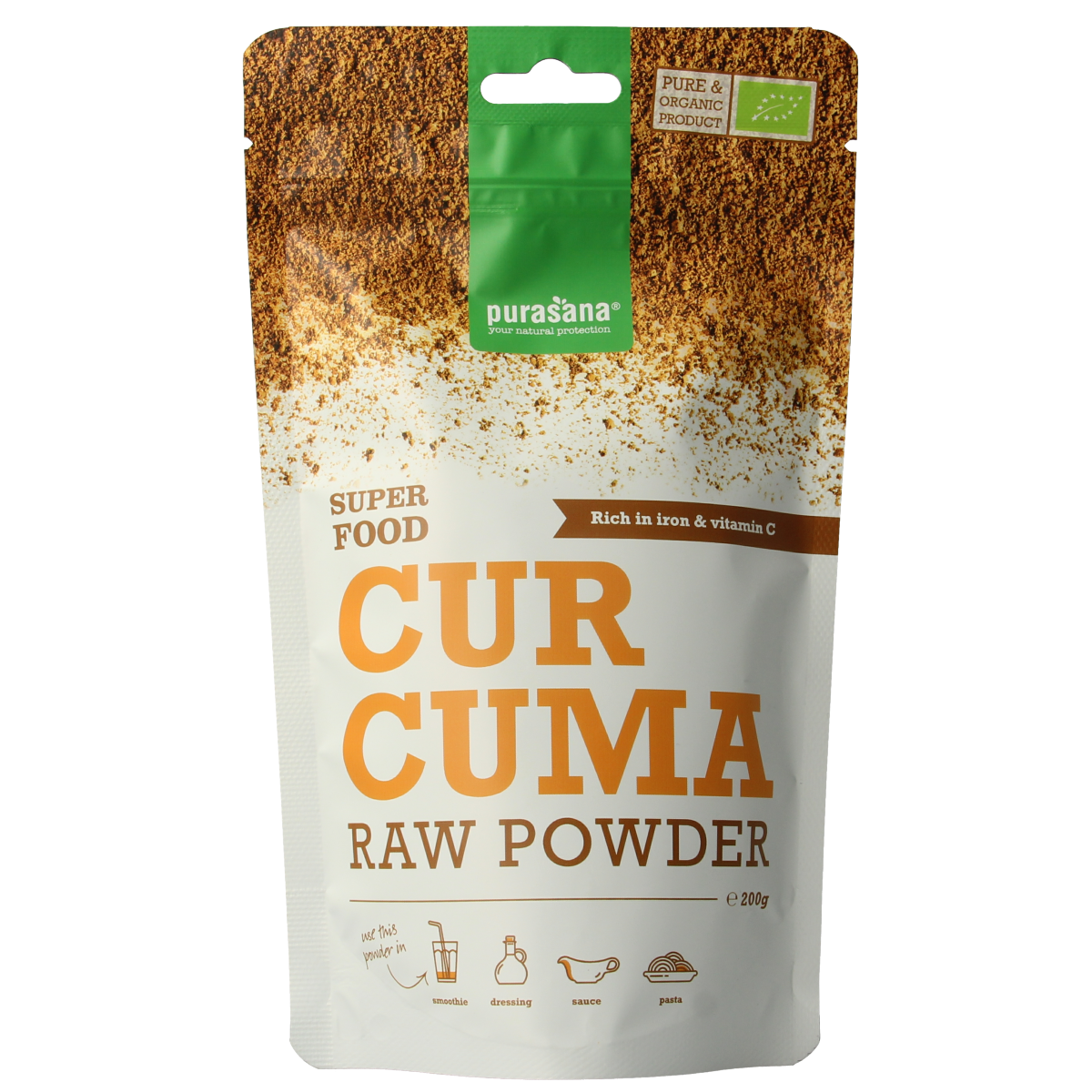 Purasana vegan organic turmeric powder in a 200g package, raw superfood with bright yellow turmeric spice visible in the image.
