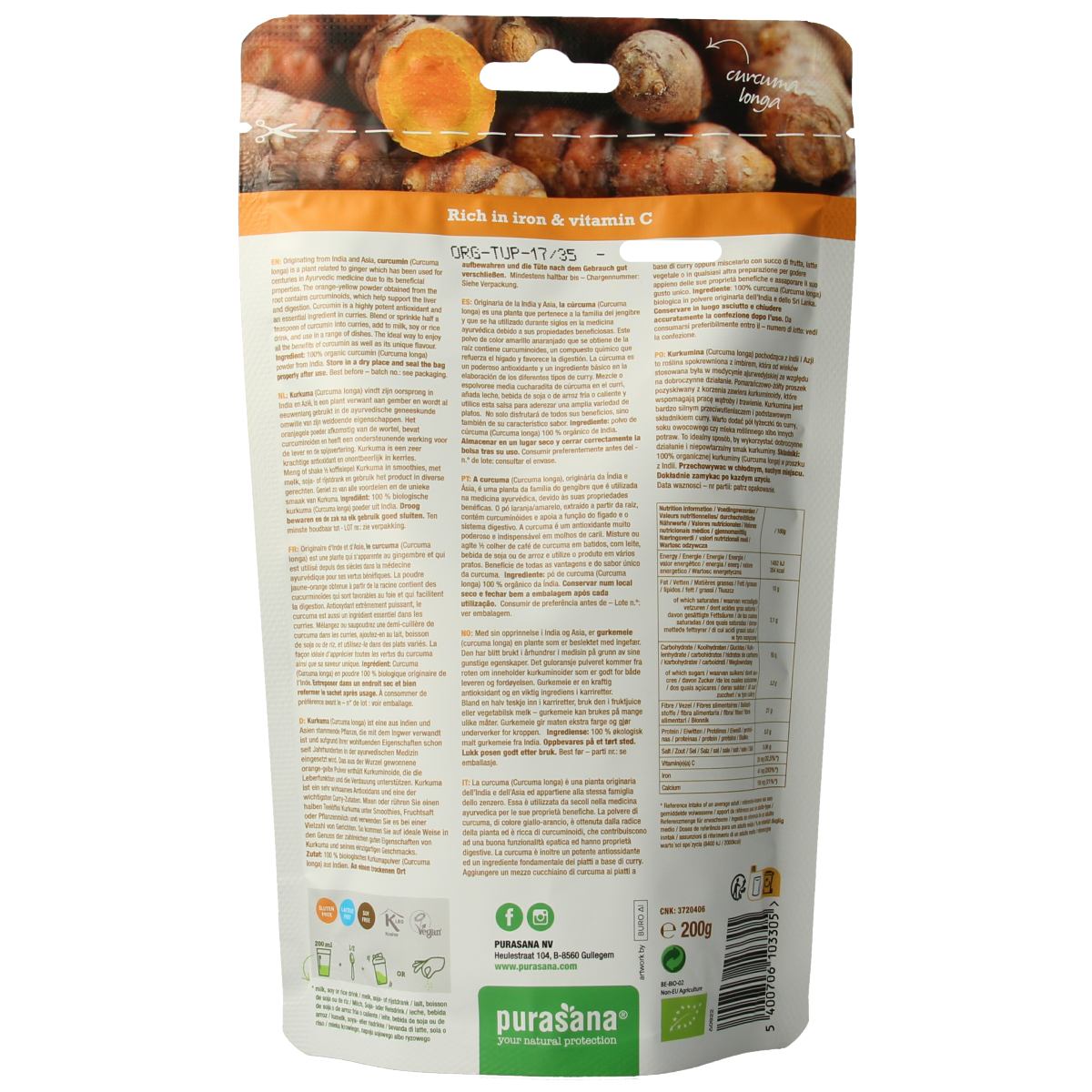 Purasana vegan organic turmeric powder in a 200g package, raw superfood with bright yellow turmeric root powder visible.