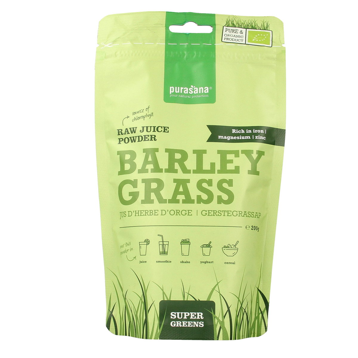 Purasana Gerstegras bio raw superfood powder in 200g package, vibrant green barley grass supplement for health and nutrition