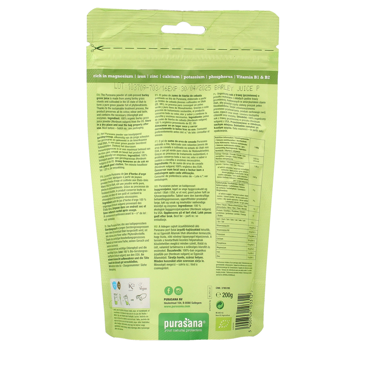 Raw Purasana Gerstegras superfood powder in a 200g package, featuring vibrant green barley grass in a natural setting.