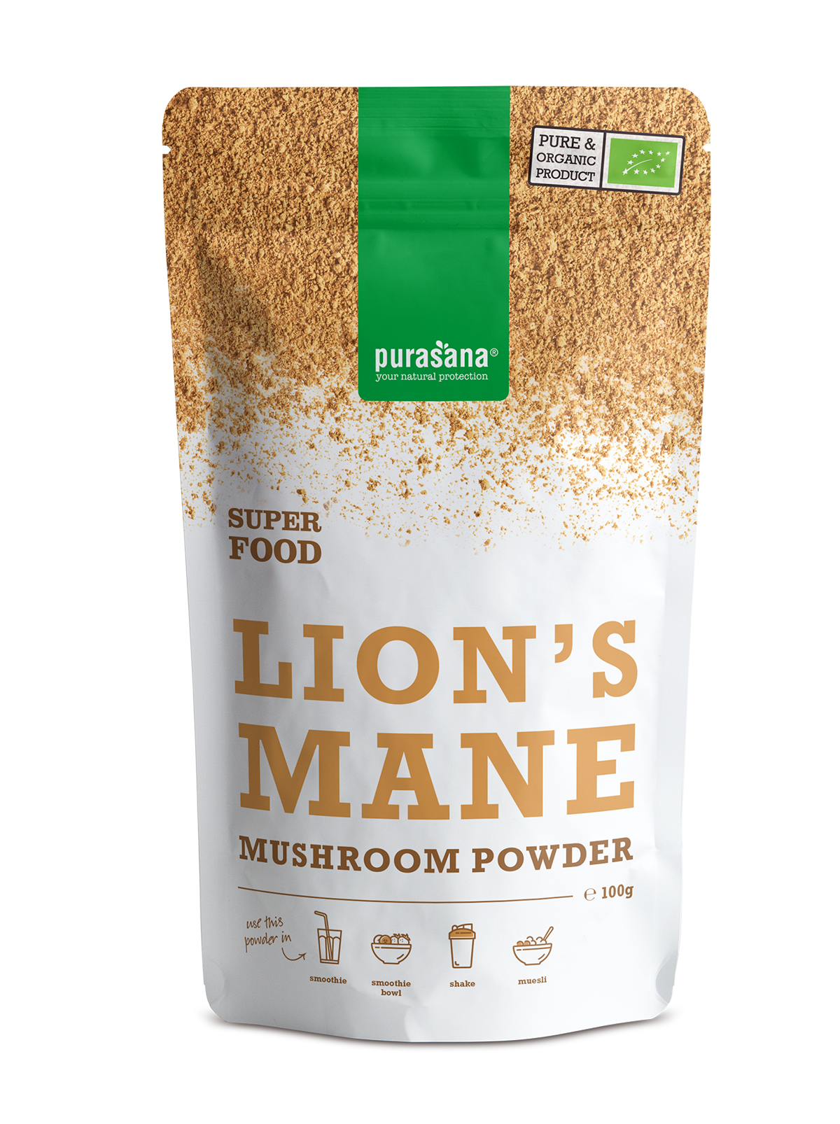 Purasana Lion's Mane bio powder in a 100g package, dietary supplement and herbal preparation in a resealable bag.