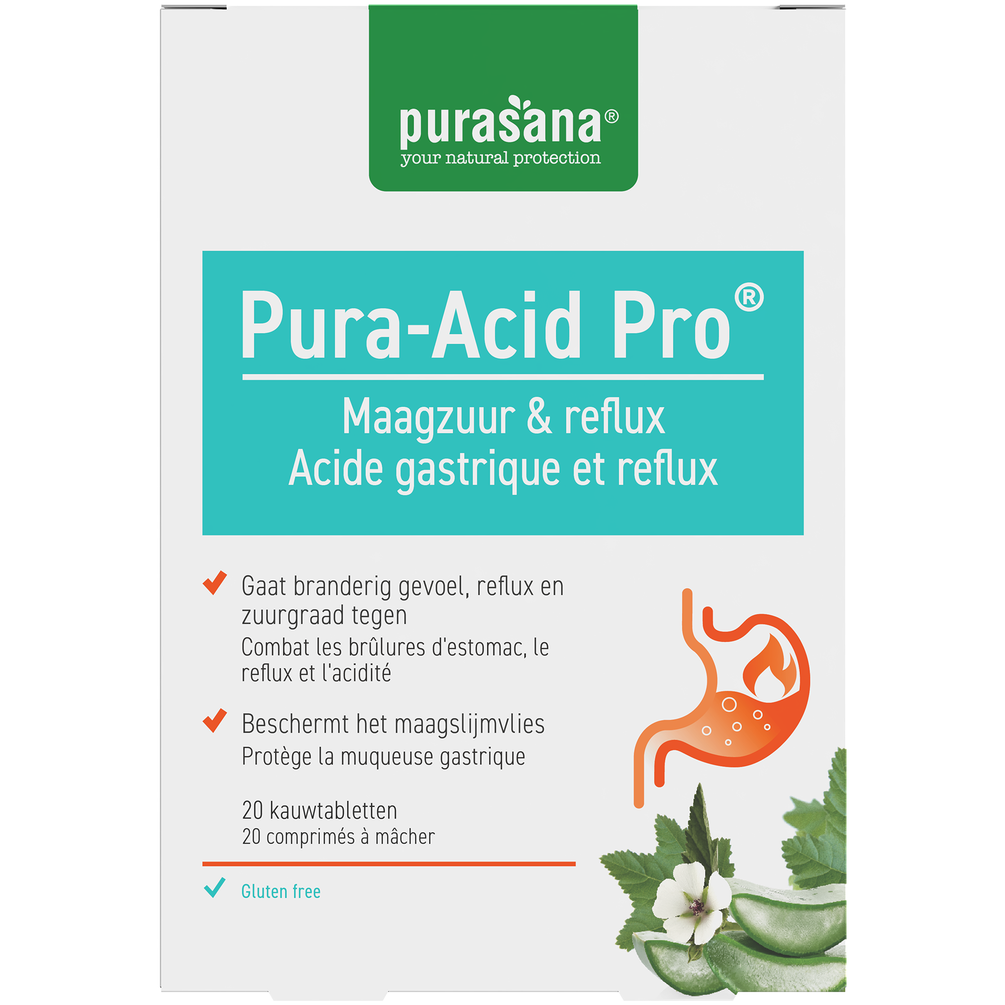 Purasana Pura-acid pro 20.00 mineral supplement in chewable tablets, showing the bottle and tablets inside.