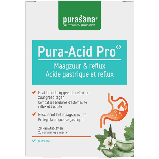 Purasana Pura-acid pro 20.00 mineral supplement in chewable tablets, showing the bottle and tablets inside.