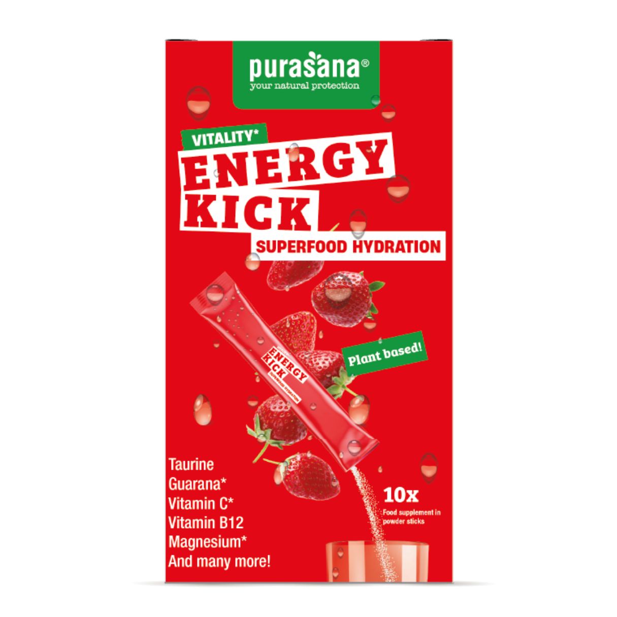 Purasana Hydration Superfoods Energy Kick supplement in 45g package, featuring vibrant superfood ingredients for hydration and energy.