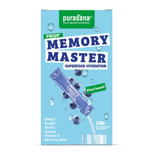 Purasana Hydration Superfoods Memory Master supplement container showing label and product packaging.