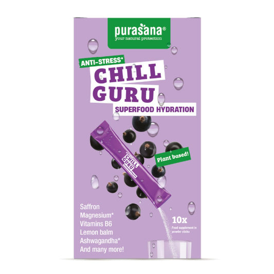 Purasana Hydration Superfoods Chill Guru supplement in a 45g jar with colorful label and lid, designed for hydration and wellness.