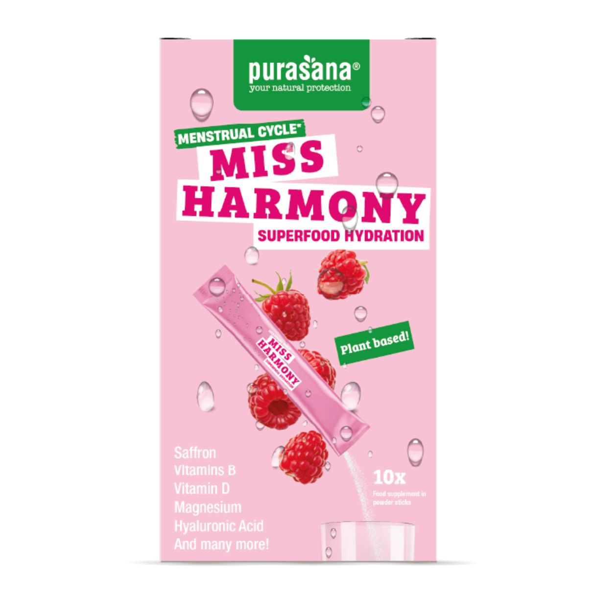 Purasana Hydration Superfoods Miss Harmony supplement in a 45g package, featuring natural ingredients for hydration support.