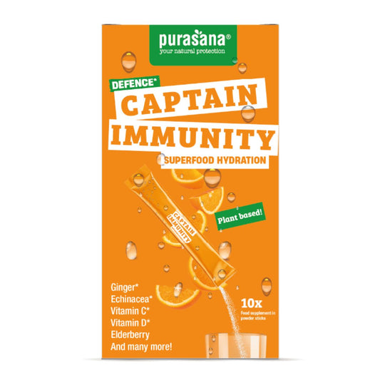 Purasana Hydration Superfoods Captain Immunity dietary supplement in 45g package, featuring natural ingredients for immune support.