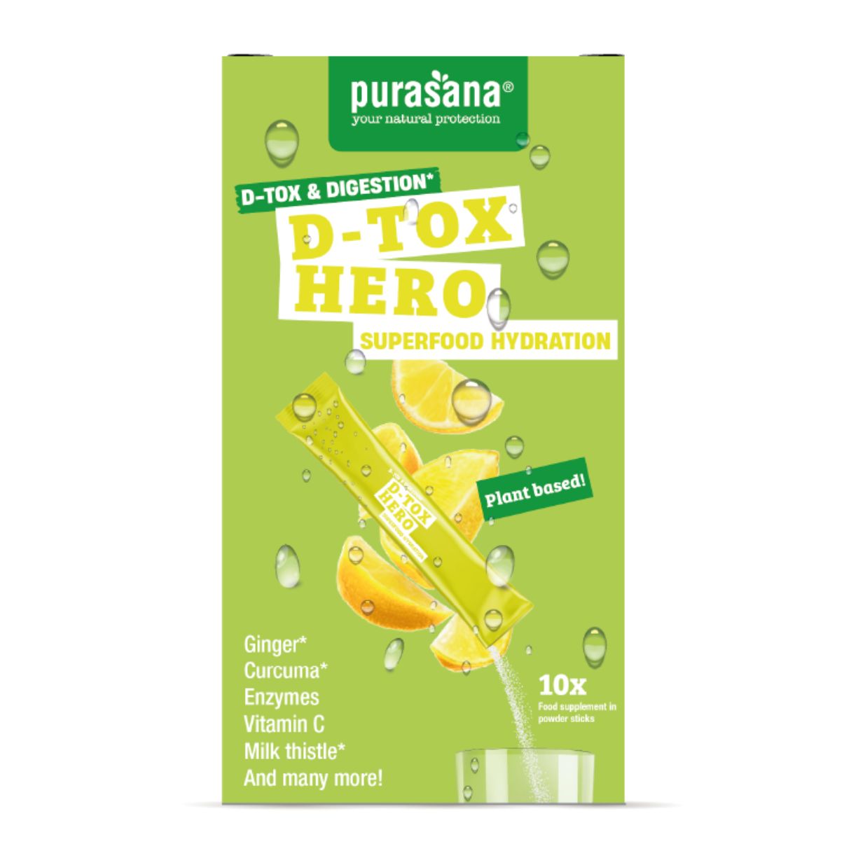 Purasana Hydration Superfoods D-Tox Hero dietary supplement in a 45g package, featuring natural ingredients and herbal extracts.