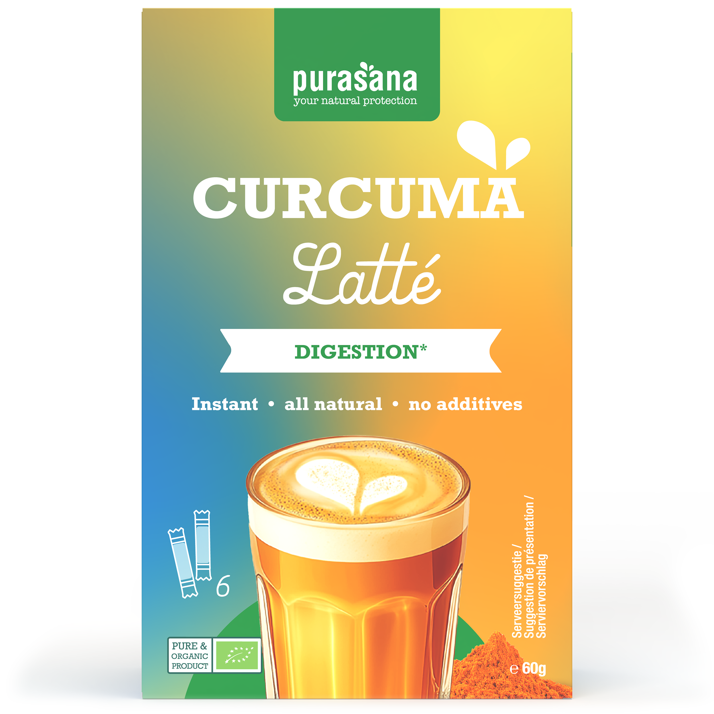 Purasana organic instant curcuma latte powder in a 60g packet, used for making turmeric-flavored beverages.
