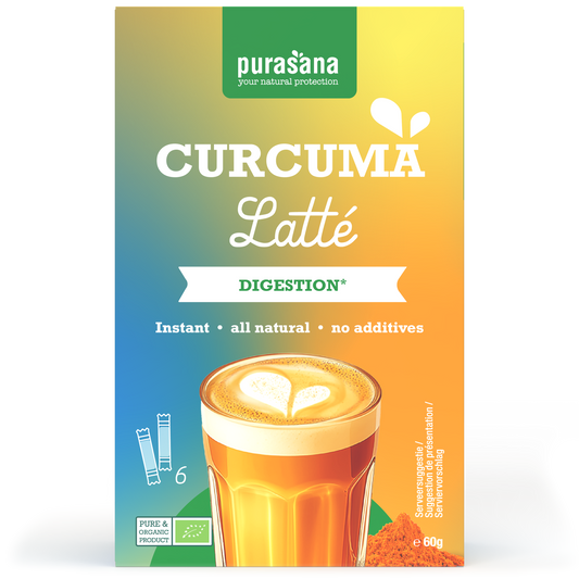 Purasana organic instant curcuma latte powder in a 60g packet, used for making turmeric-flavored beverages.