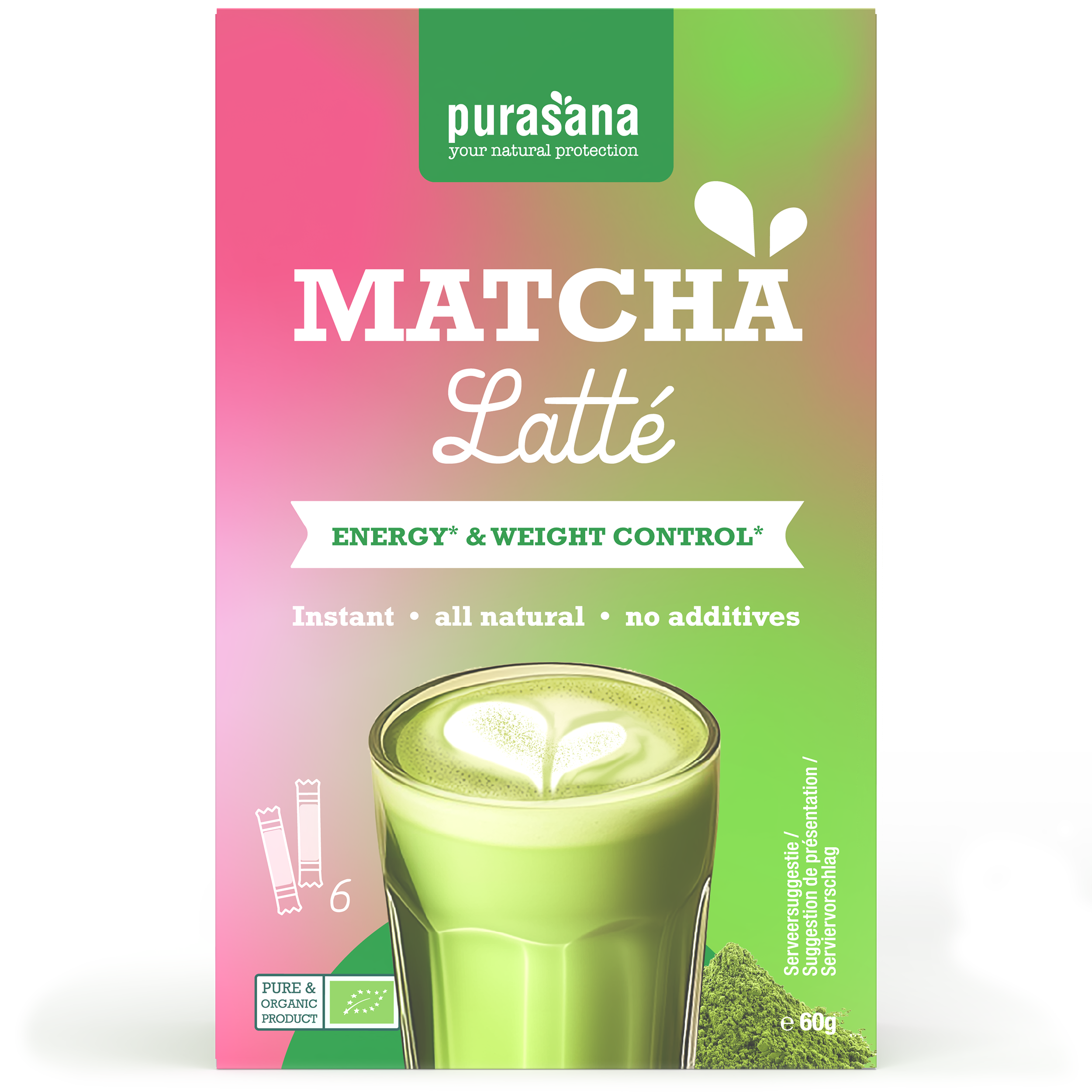 Purasana organic instant matcha latte sachets, 6-pack, 10g each, with vibrant green matcha powder in a resealable package.