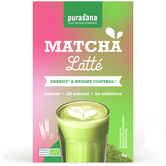 Purasana organic instant matcha latte sachets, 6-pack, 10g each, with vibrant green matcha powder in a resealable package.